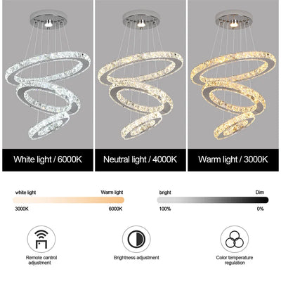 Modern Crystal Rings LED Chandelier Indoor Luxury Ceiling Lamp Dimming &amp; Remote Control Pendant Lighting Chrome Lustre Fixtures