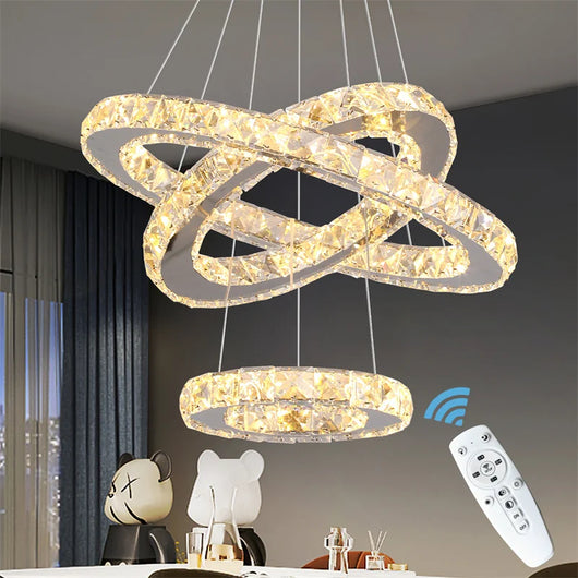 Modern Crystal Rings LED Chandelier Indoor Luxury Ceiling Lamp Dimming &amp; Remote Control Pendant Lighting Chrome Lustre Fixtures