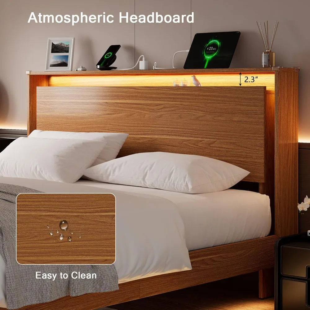 Luxury King-Size Wood Bed Frame with LED Lighting and Built-In Charging Station, featuring Storage Headboard and No-Screw Slats