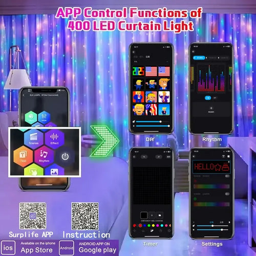 LED Smart Curtain Light RGB Fantasy Color DIY Text Custom Pattern for Windows and Room Decoration