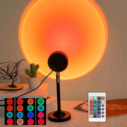 Sunset Projection Lamp 16 Colors LED Night Light – Remote Control 180° Rotating Ambient Light for Bedroom, Photography & Room Decor