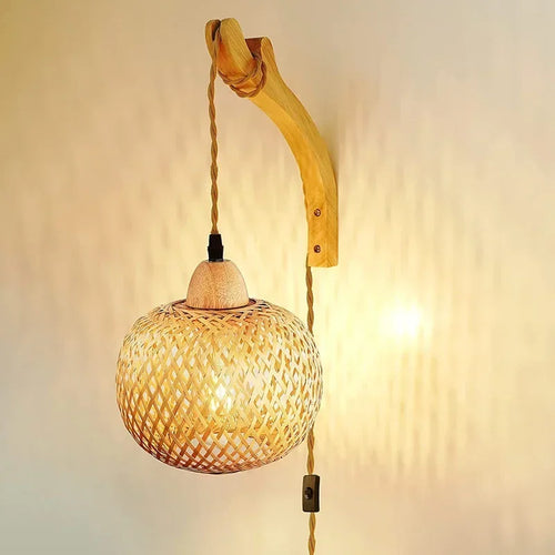 Bamboo Lantern Wall Lamp – Hand-Woven E27 Wicker Light