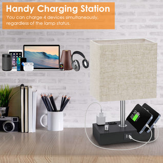 Fully Dimmable Bedside Table Lamp with USB Ports & Power Outlets | LED Bulb Included