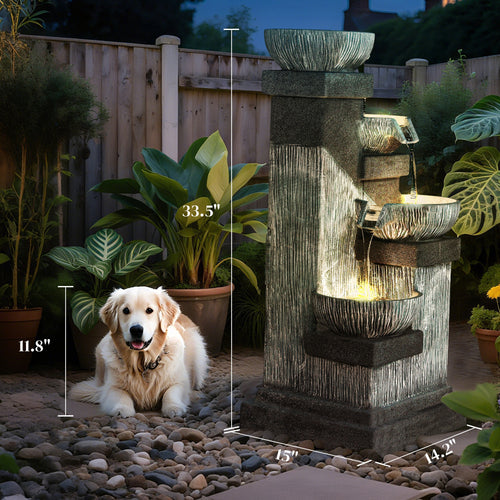 33.5" 4-Tier Outdoor Waterfall Fountain with LED Lights