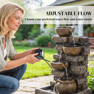 28-Inch Outdoor Water Fountain with 5-Tier Rustic Jugs & LED Lights | Cascading Waterfall