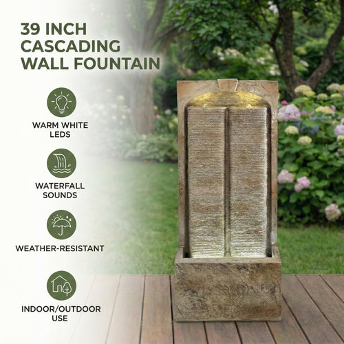 39-Inch Outdoor Waterfall Fountain with LED Lights