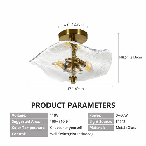 16.5-Inch Gold Glass Semi-Flush Mount Ceiling Light – 2 Lights