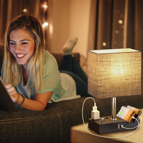 Fully Dimmable Bedside Table Lamp with USB Ports & Power Outlets | LED Bulb Included
