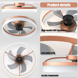Rose Gold Modern Ceiling Fan with LED Light – Dimmable Slim Recessed Mount Fan with Remote Contro