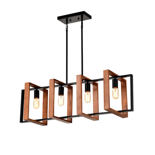 36-Inch Farmhouse Kitchen Island Chandelier – 4-Light Wood & Black Metal