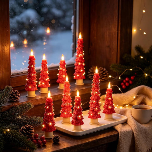 2-Pack Red Christmas Tree LED Taper Candles with Fairy Lights