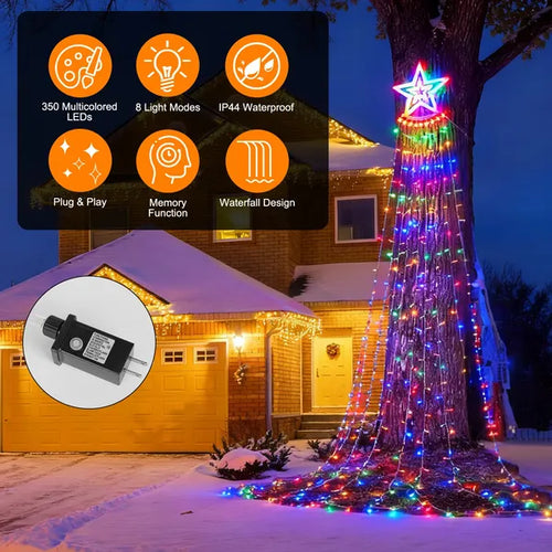 11.48FT 350 LED Multicolor Christmas Tree Waterfall Lights with Star Topper