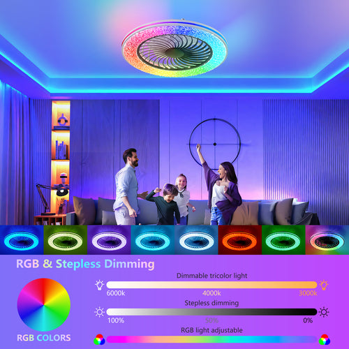 23-Inch LED Enclosed Ceiling Fan with RGB Lights | Bladeless Low Profile Ceiling Fan