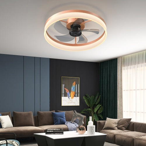 Rose Gold Modern Ceiling Fan with LED Light – Dimmable Slim Recessed Mount Fan with Remote Contro