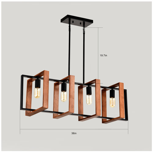36-Inch Farmhouse Kitchen Island Chandelier – 4-Light Wood & Black Metal