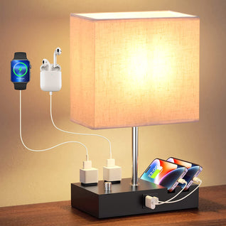 Fully Dimmable Bedside Table Lamp with USB Ports & Power Outlets | LED Bulb Included
