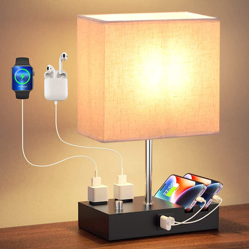 Fully Dimmable Bedside Table Lamp with USB Ports & Power Outlets | LED Bulb Included