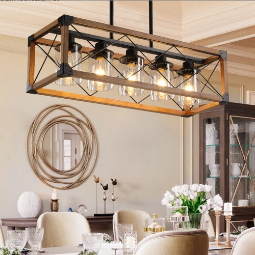 32-Inch Walnut Farmhouse 5-Light Pendant Chandelier