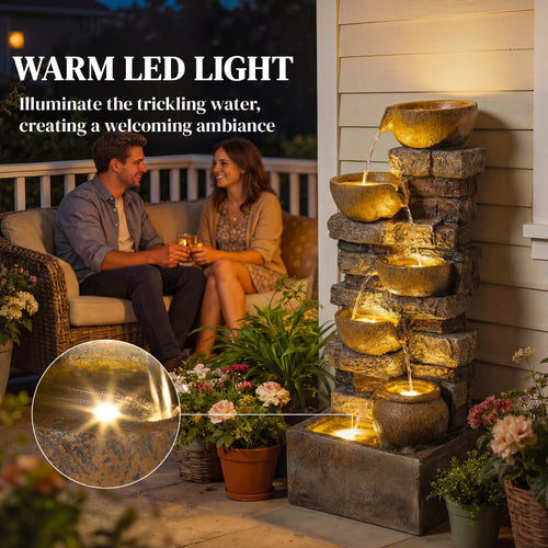 28-Inch Outdoor Water Fountain with 5-Tier Rustic Jugs & LED Lights | Cascading Waterfall