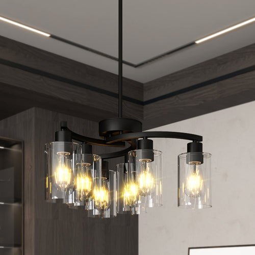Modern Black Farmhouse 6-Light Chandelier with Clear Glass Shades