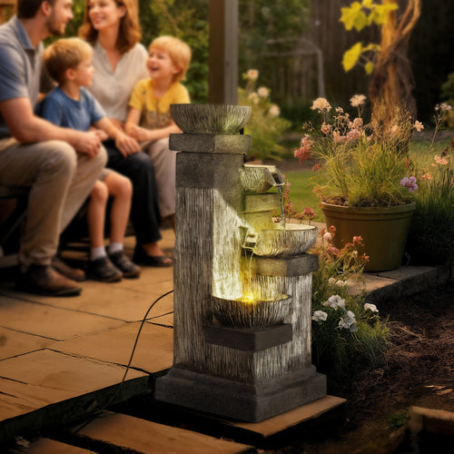 33.5" 4-Tier Outdoor Waterfall Fountain with LED Lights