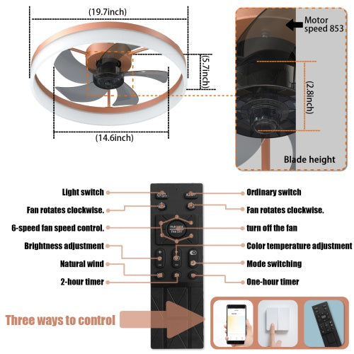 Rose Gold Modern Ceiling Fan with LED Light – Dimmable Slim Recessed Mount Fan with Remote Contro